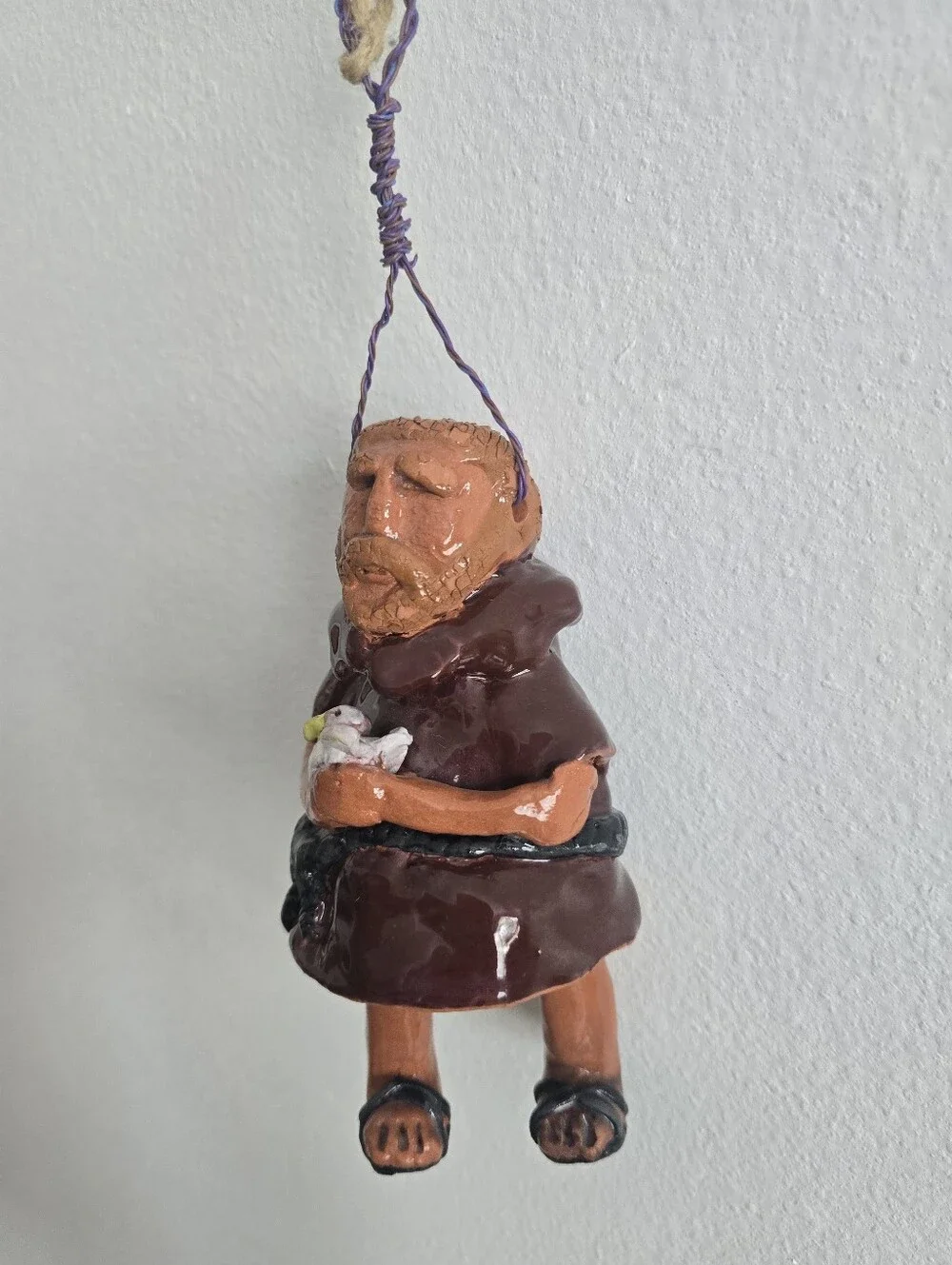 Handcrafted Brown Ceramic Glazed Terra Cotta Clay Monk Ornament with Dove Piece
